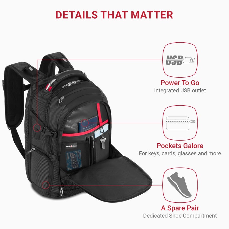 SWISSGEAR حقيبة ظهر لابتوب سويس جير ترافل تك إليت - تناسب اللابتوبات حتى 16 بوصة - حقيبة ظهر صديقة لتفتيش TSA مع منفذ USB، حجرة للأحذية و جيوب تنظيم - نقط سوداء - Image 3